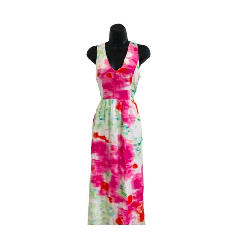 Miss Me Couture white pink swirl watercolor look halter v-neck maxi dress size S